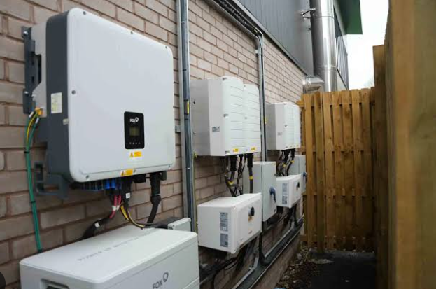 Solar battery storage and inverter equipment installed on an exterior wall