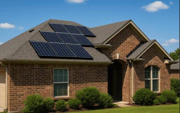 Residential brick home with rooftop solar panels
