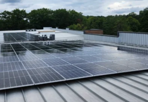 Close-up of rooftop solar panel installation