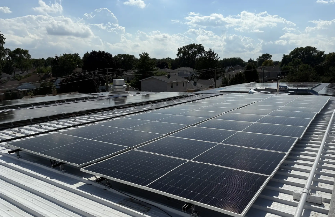 Sunstream rooftop solar installation above a Texas neighborhood